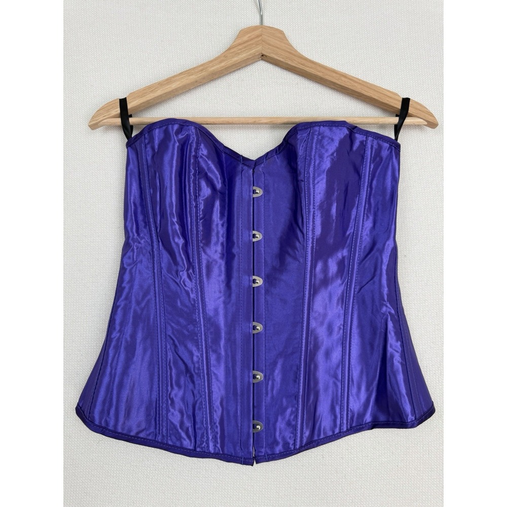 Corset Women's Sexy Under Bust Bustier Size L Boned Hooks and Laces Purple Satin